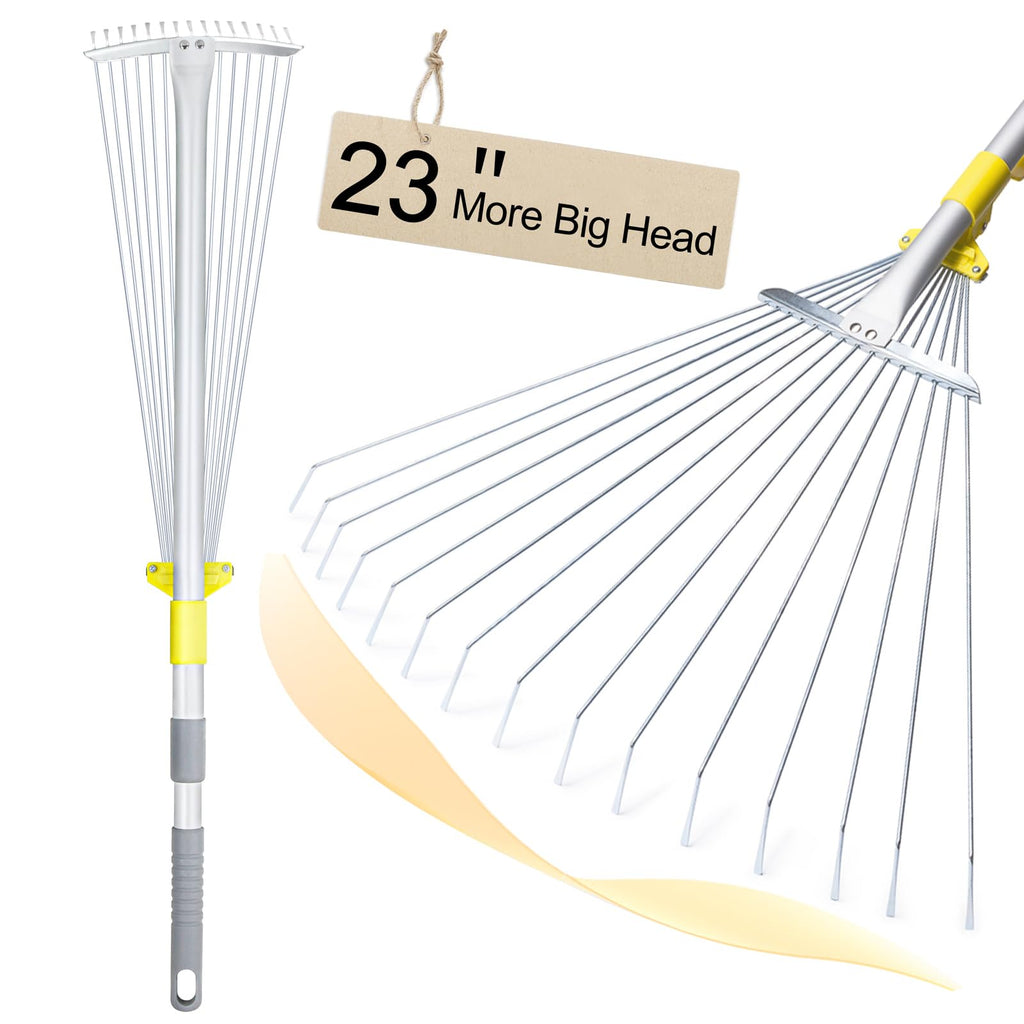 JARDINEER Adjustable Rakes for Leaves, Large Garden Leaf Rake for Lawns Grass with 7-23" Expandable Head, Yard Collapsible Rake for Camping (64 inches)