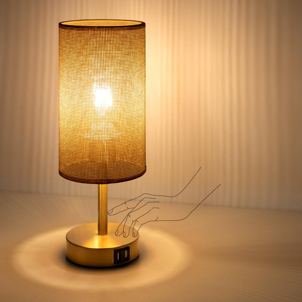 Yarra-Decor Bedside Lamp with USB Port - Touch Control Table Lamp for Bedroom Wood 3 Way Dimmable Nightstand Lamp with Round Flaxen Fabric Shade for Home Office (LED Bulb Included) (Y - NET)