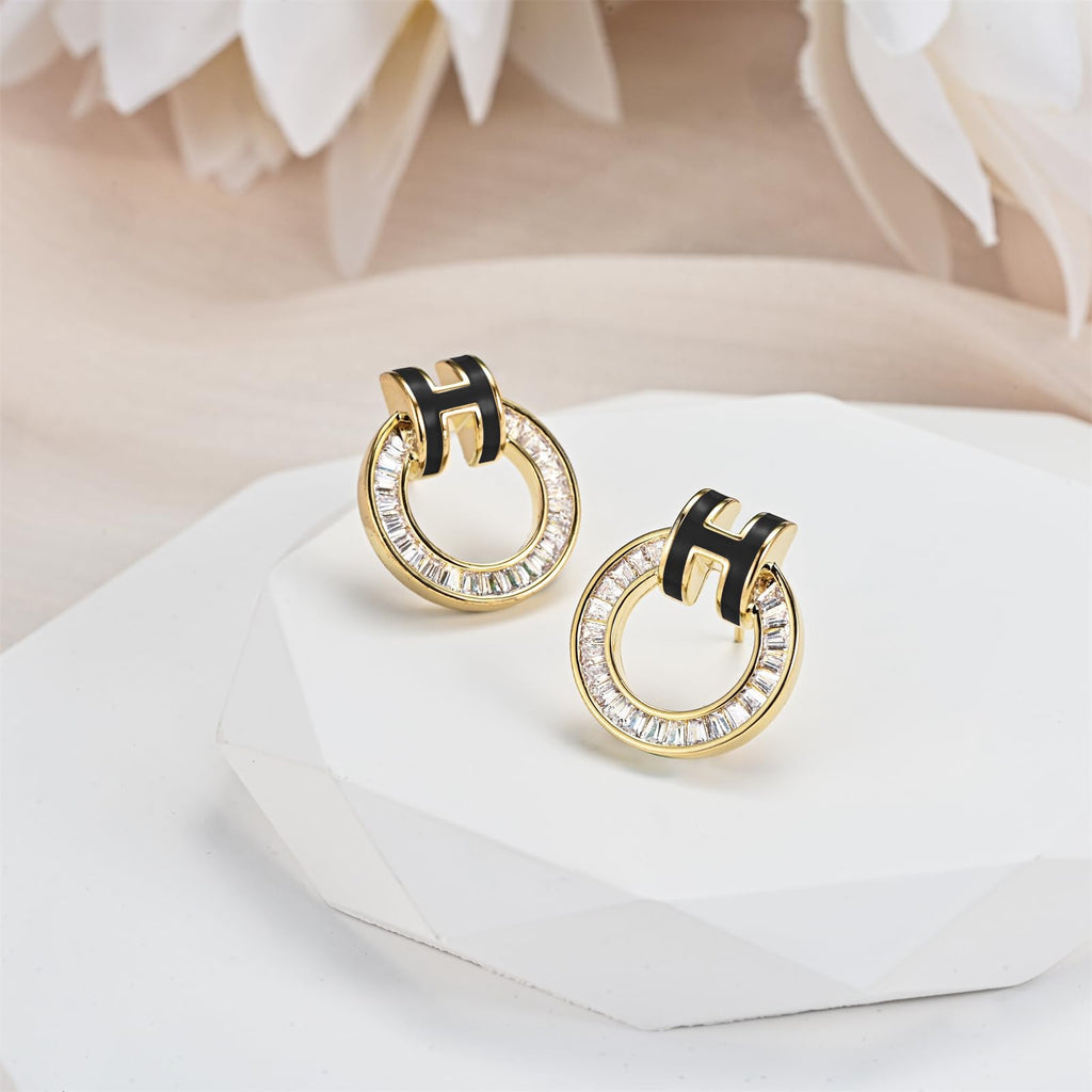 Hothink H Stud Earrings 14K Gold Plated Earrings Enamel Earrings Dainty Stud Earrings for Women Birthday Gifts for Women (Gold-Black)