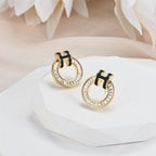 Hothink H Stud Earrings 14K Gold Plated Earrings Enamel Earrings Dainty Stud Earrings for Women Birthday Gifts for Women (Gold-Black)