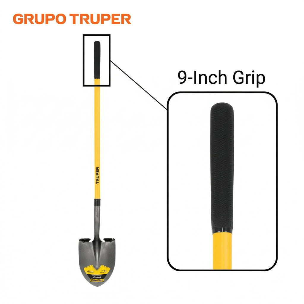 Truper Tru Pro Round-Point Shovel, 48-Inch Fiberglass Handle with 9-Inch Grip, Heavy-Duty Professional Digging & Gardening Shovel (Model PRL-F / 31198)
