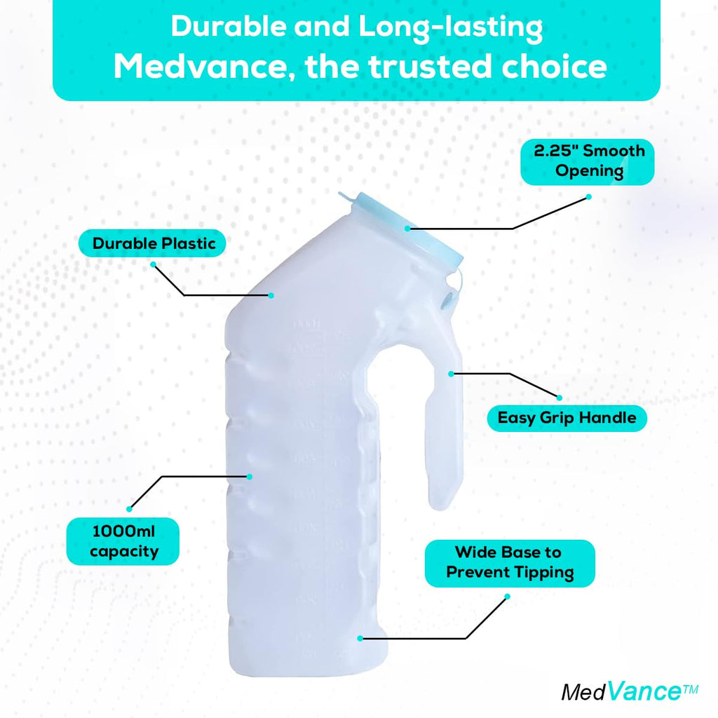 MedVance 1000ml Portable Urinals for Men, 8 Pack – Spill Proof Men's Urinal Bottle w/Glow in Dark & Leak-Proof Lid – Easy-Grip Durable Pee Bottles for Men - Versatile Male Pee Bottle for Elderly Care