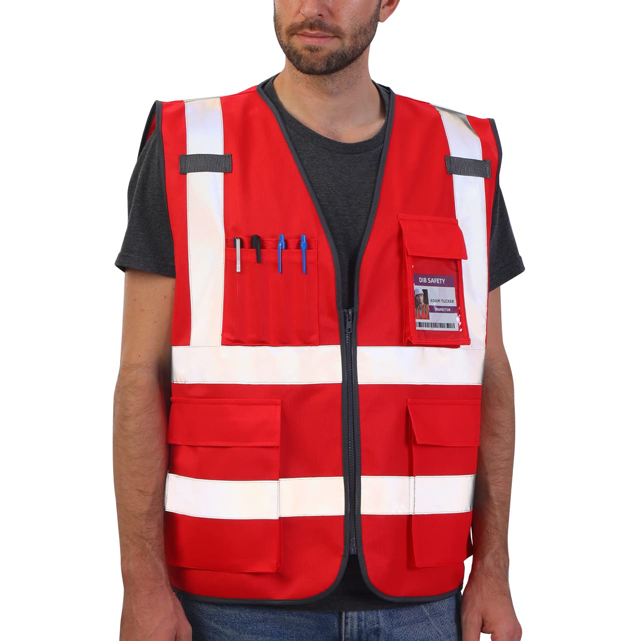 Dib Safety Reflective Safety Vest for Men Women, High Visibility Vest with Pockets and Zipper, Red 4XL