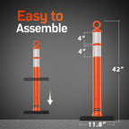BATTIFE 3 Pack 42 Inch Orange Traffic Delineator Posts with Reflective Collars and Base, Safety Cones for Construction Zones and Driving Practice