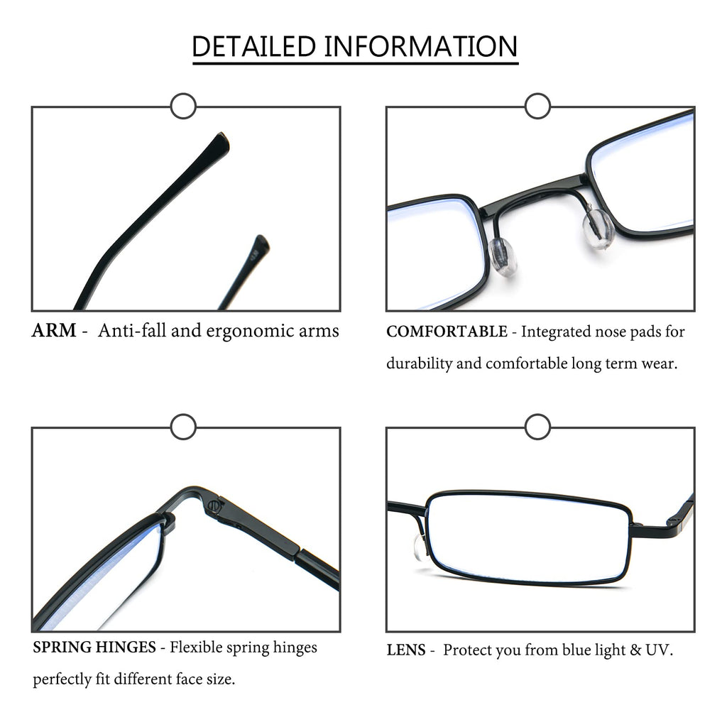 REAVEE 5 Pack Slim Portable Reading Glasses for Men Women, Computer Blue Light Blocking Small Readers Metal Frame Spring Hinge with Pocket Compact Pen Case, Black Red Pink Blue Gold 2.5