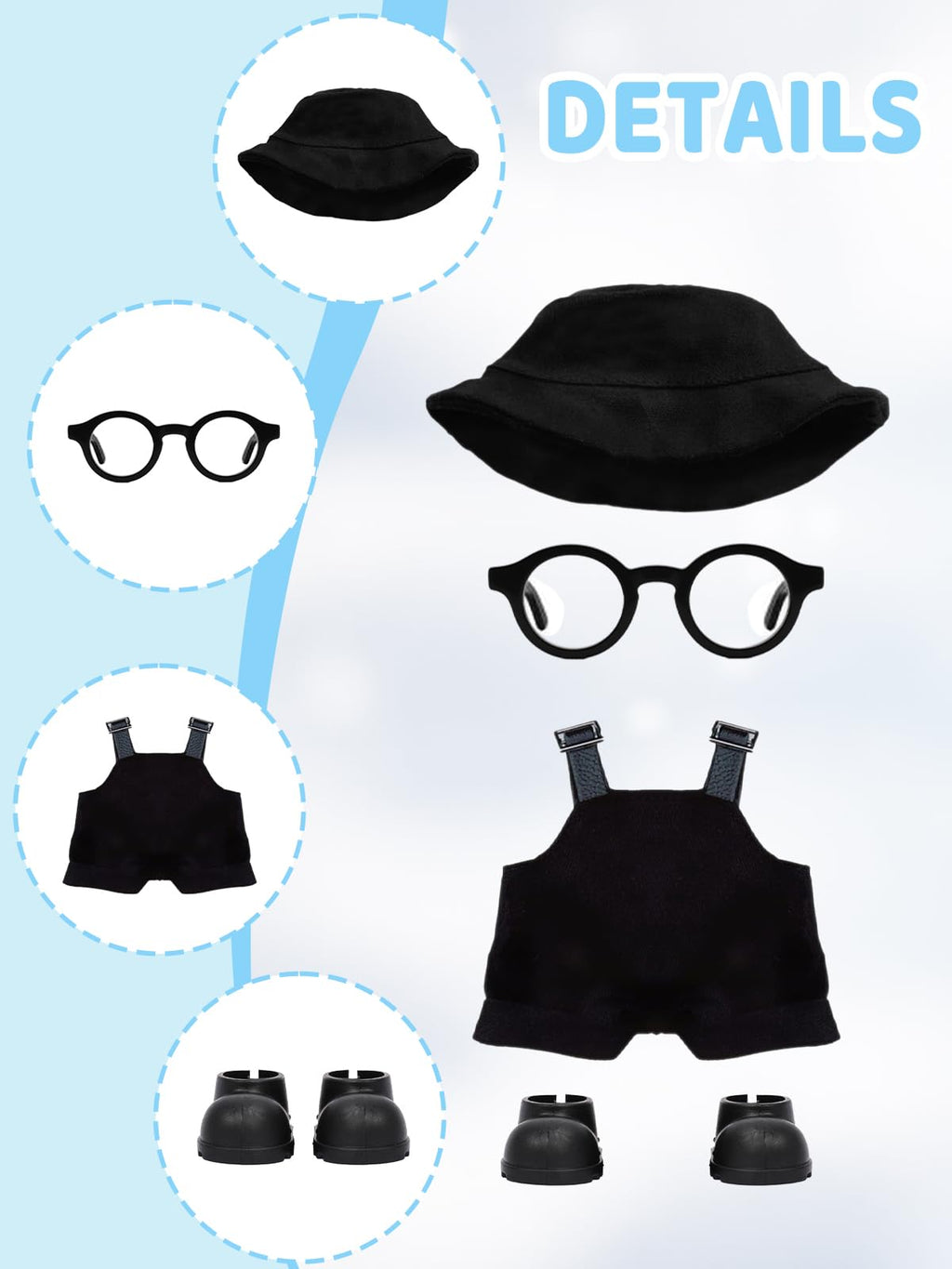 2PCS Doll Clothes Set for 17cm Dolls – Stylish Outfit with 2 Hat, 2 Overalls, 2 Shoes & 2 Glasses of Clothes Designer, Cute Clothes for Dress up Unique Style (Black+Pink) (Doll Not Included)