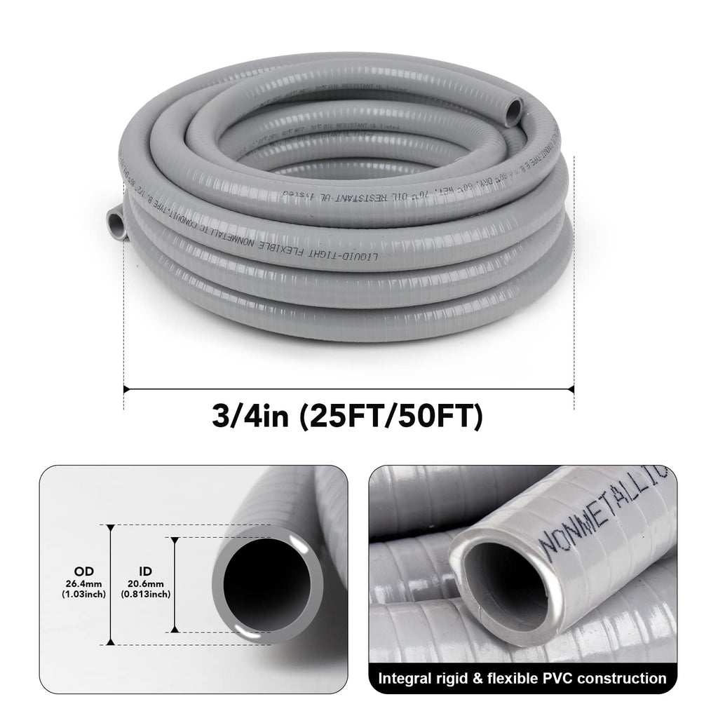 Elecoman 3/4inch 50ft Liquid-Tight Conduit and Connector Kit,Flexible Non-Metallic Liquid Tight Electrical Conduit Kit with 5 Straight and 3 90-Degree Connector Fittings,3/4 in. Dia
