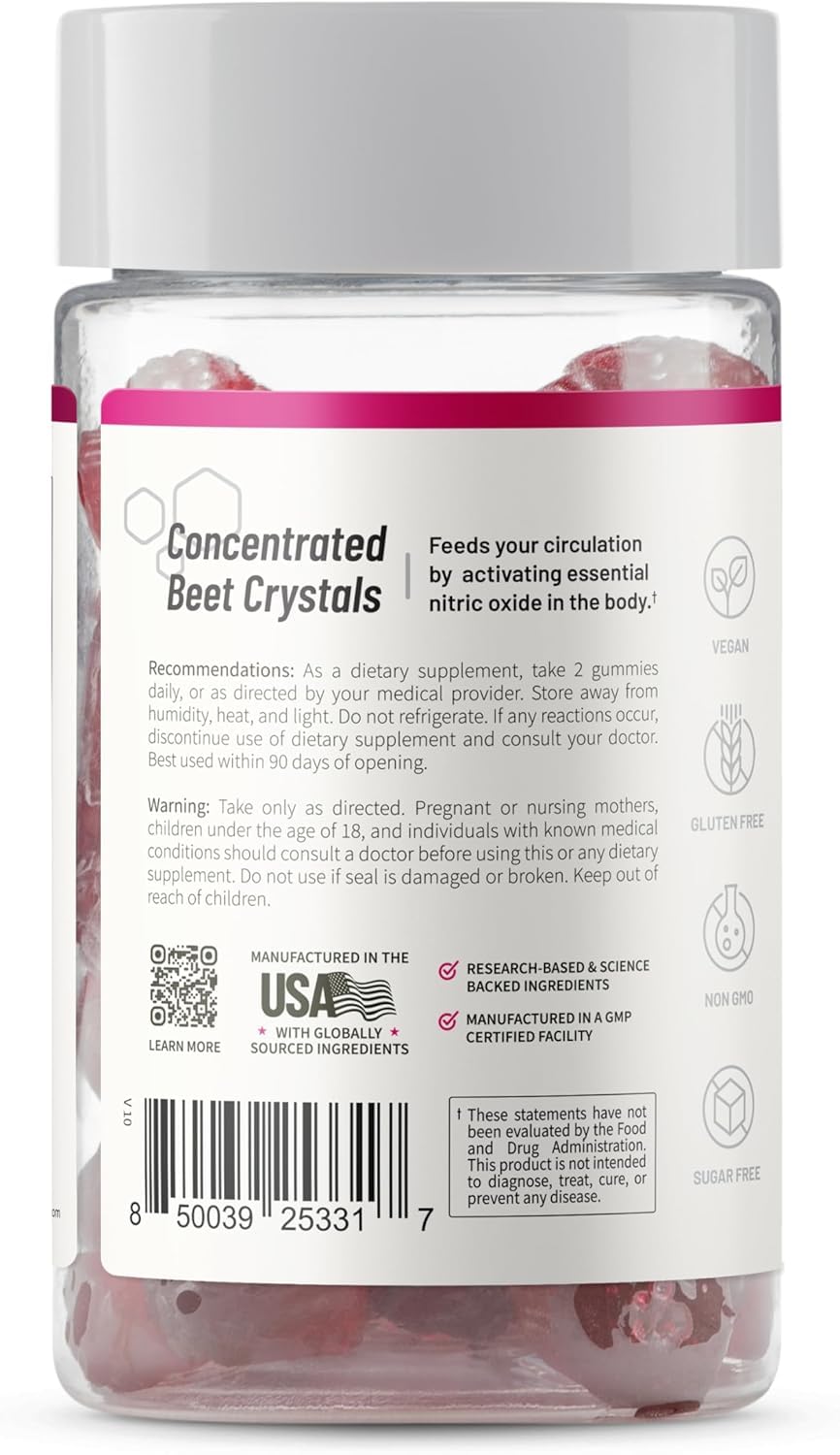 Snap Supplements Nitric Oxide Gummies - Beet Root Extract 300mg, Sugar Free Beetroot Supplement with Pomegranate Powder for Circulation & Natural Energy, 60 Vegan Gummies, Cherry Flavor