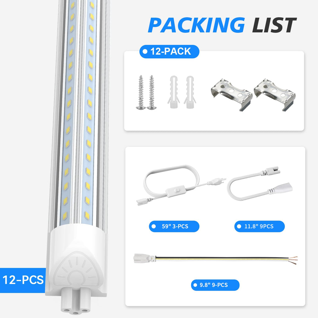 SHOPLED 8FT Shop Light 100W 15000LM 6500K | 12-Pack Linkable V-Shape Led Shop Light | Plug & Play T8 Tube Lights for Garage, Warehouse, Basement | Ultra Bright Energy-Saving Commercial Lighting ETL