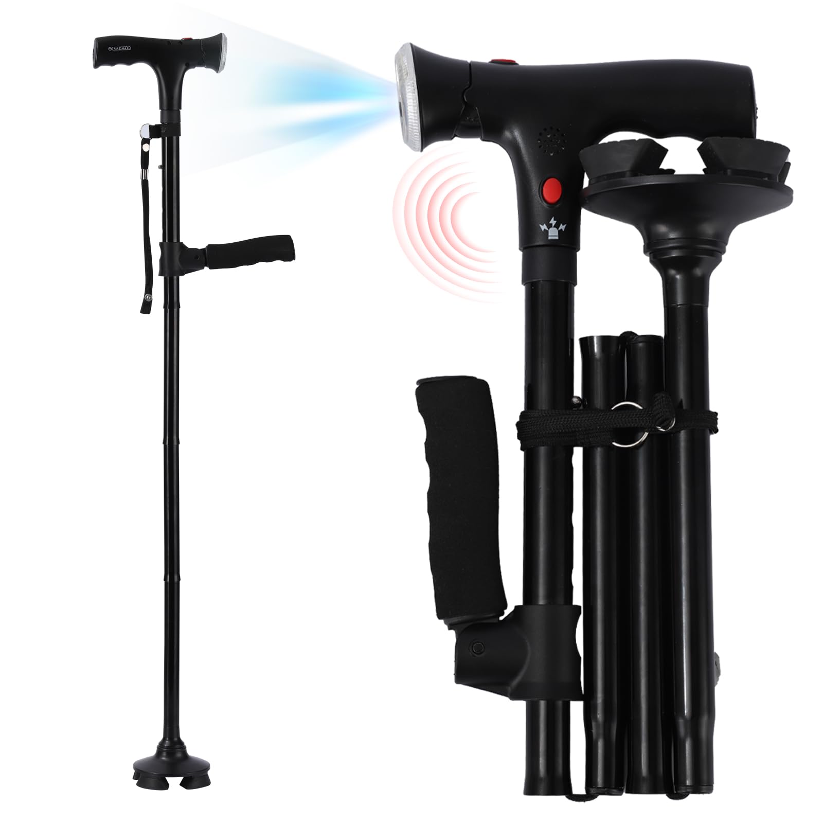 Cane Hero Walking Cane, Ready Walker Cane with Light and Alarm, Smart Walking Cane for Women, Adjustable Suitable for Arthritis Disabled and Elderly, with Cushioned T Handle and Swivel Four Pedestal