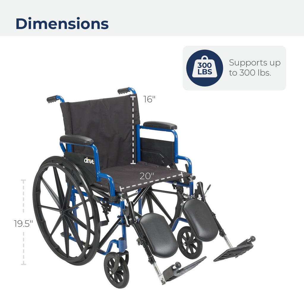 Drive Medical Blue Streak Lightweight Foldable Wheelchair - Enhanced Mobility Support - Durable Construction - Padded Comfort - Swing-Away Leg Rests - Desk Arms - Blue/Black - 20 Inch Seat