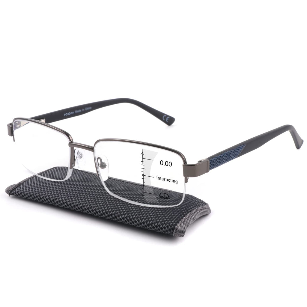Missfive Mens Premium Multifocus Reading Glasses 0x on Top Center, Blue Light Blocking Far/Mid/Near Progressive Multifocal Readers Metal Frame with No Broken Spring Hinge Eyegwear 1.5 D