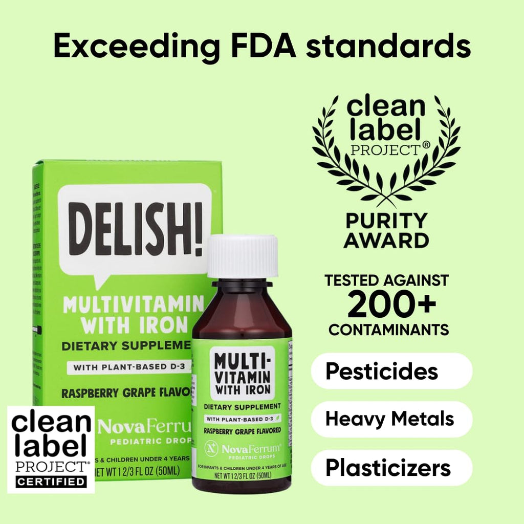 NovaFerrum Delish | Vegan Multivitamin with Iron for Infants, Toddlers & Kids | Immune Support | Organic Plant-Based D-3 | Gluten Free | Vegan Verified | Sugar Free | 1.69 Fl Oz (50 mL)