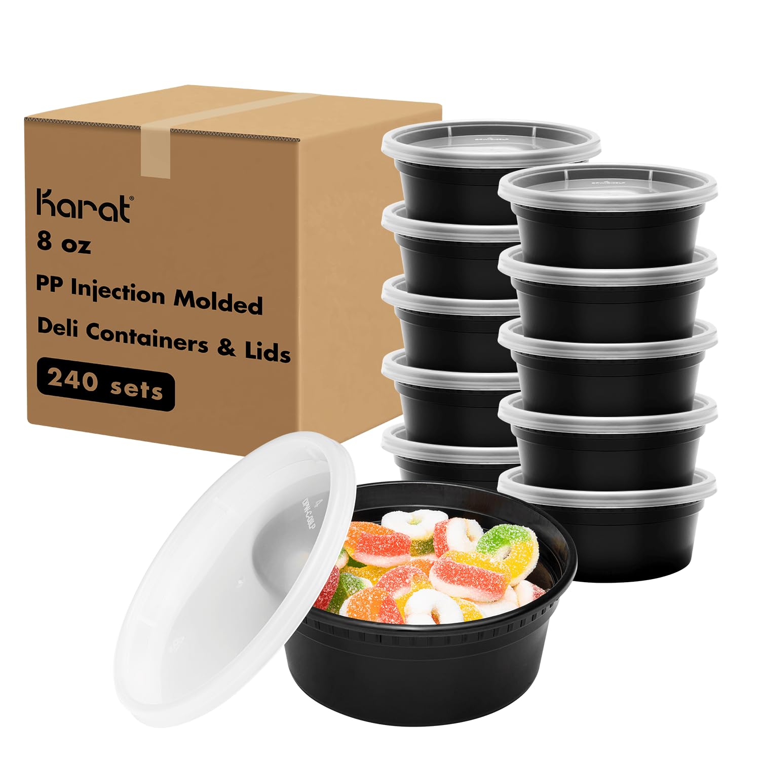 Karat [8oz - 240 ct Black PP Injection Molded Round Deli Containers with Lids (FP-IMDC8-PPB)