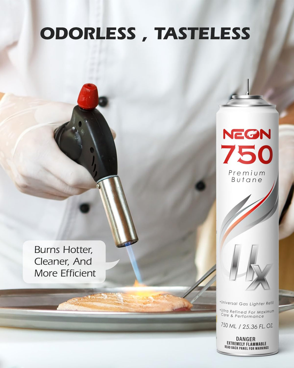 NEON Butane Fuel 750ml, 11X Ultra Refined 0 Impurities Butane Refill, Premium Universal Lighter Fluid with Metal Nozzle and 3 Butane Gas Refill Adapters for Refillable Lighters and Torches, 1 Can