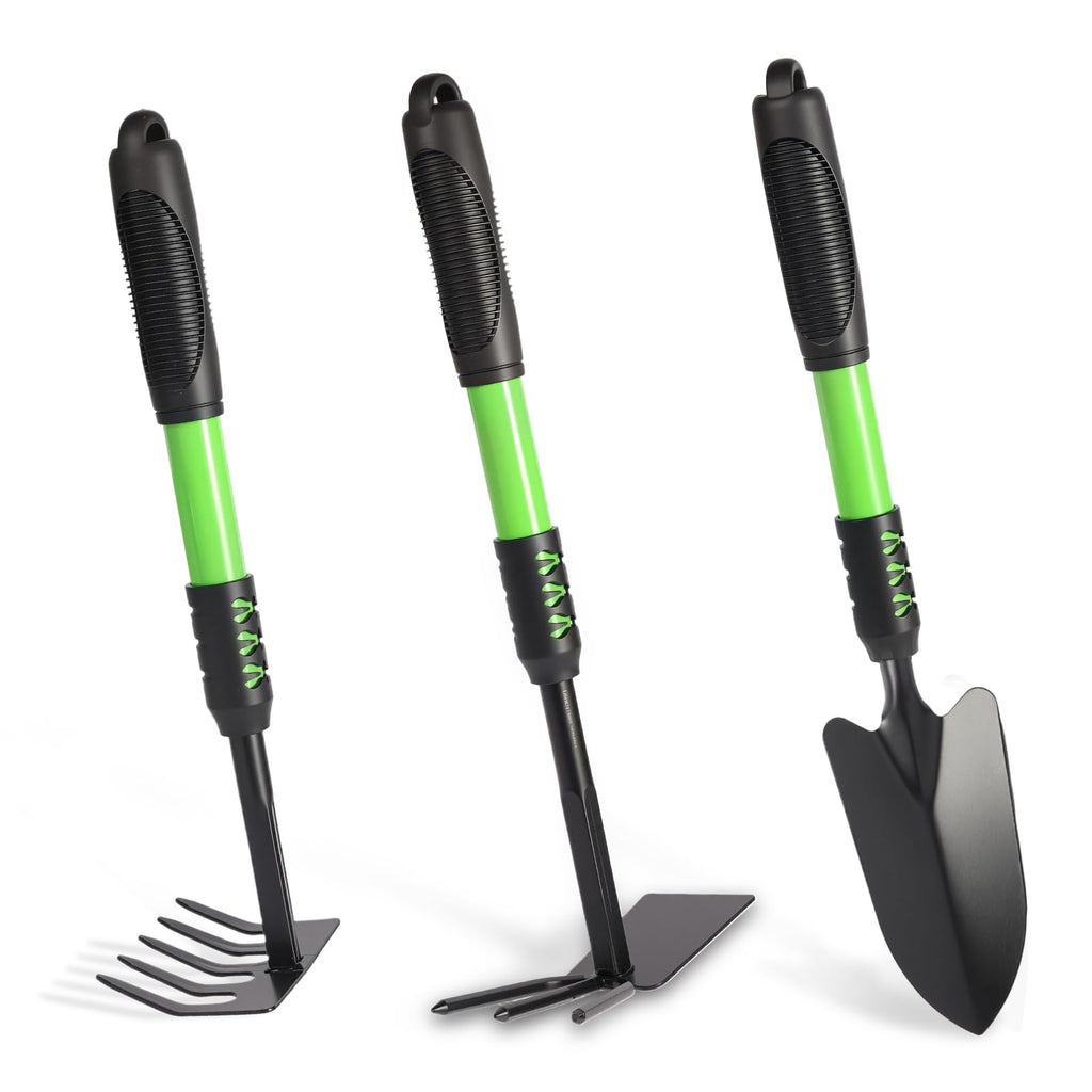 Zenrok Gardening Tool, 3 Pack Lightweight Heavy Duty Spade Shovel, Garden Tools and Hand Rake with Soft Rubber Non-Slip Handle, for Gardenging Planting Weeding Digging, Green ﻿