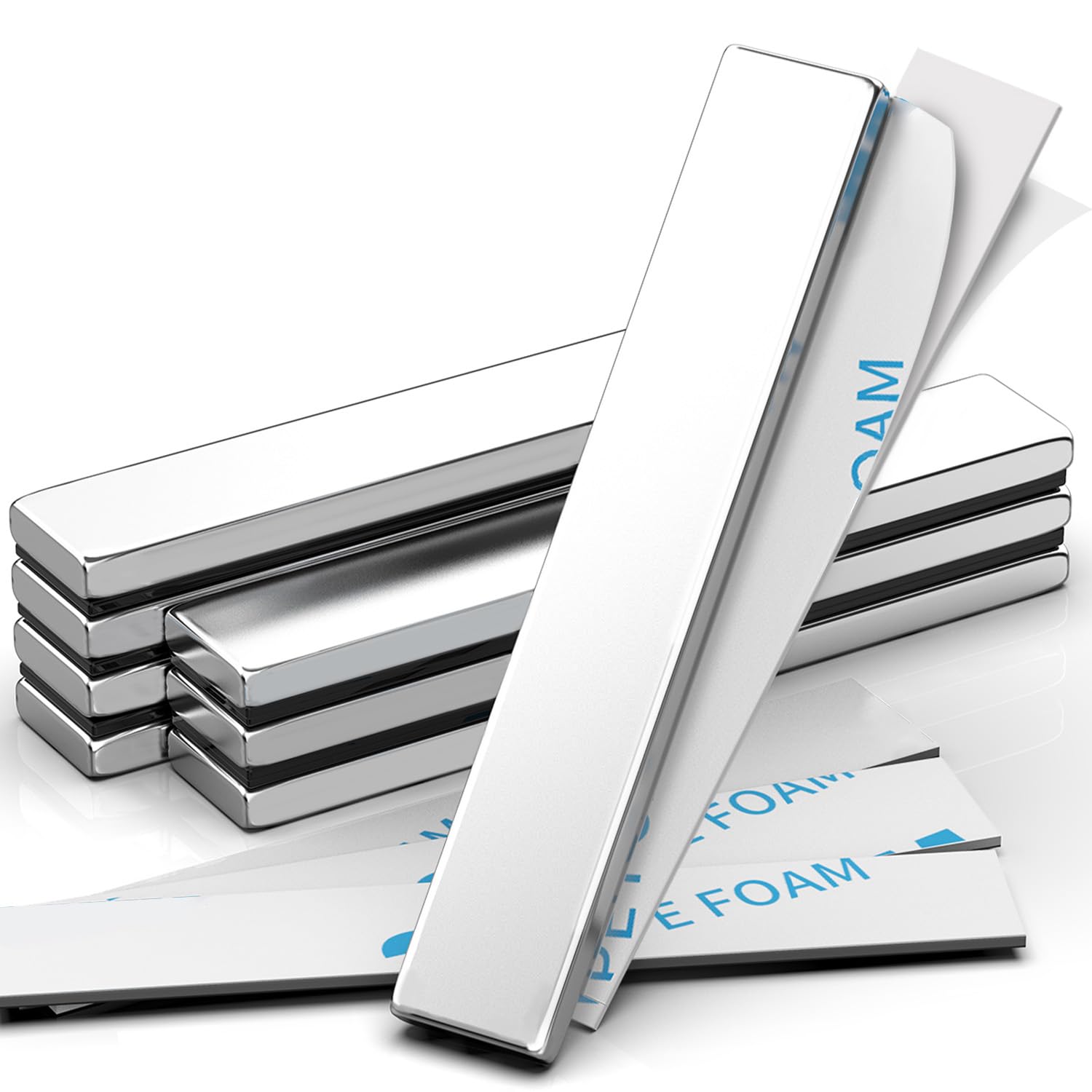Heavy Duty Magnets, Caturledas 4 Pack Strong Rare Earth Neodymium Magnets with Double Sided Adhesive, Rectangular Bar Magnetic Strip for Refrigerator Calendar Office Whiteboard, 60x10x3 mm, Silver