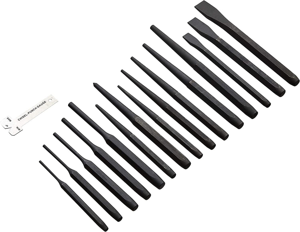Amazon Basics 16-Piece Chrome Vanadium Steel Punch and Chisel Set with Storage Pouch, Cold Chisel, Pin Punch, Center Punch