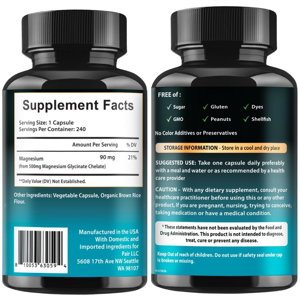 Magnesium Glycinate 500mg Chelate Capsules – 240 Count – 90mg Elemental Magnesium Per Serving – High Absorption Supplement – Non-GMO, Gluten Free – Made in USA