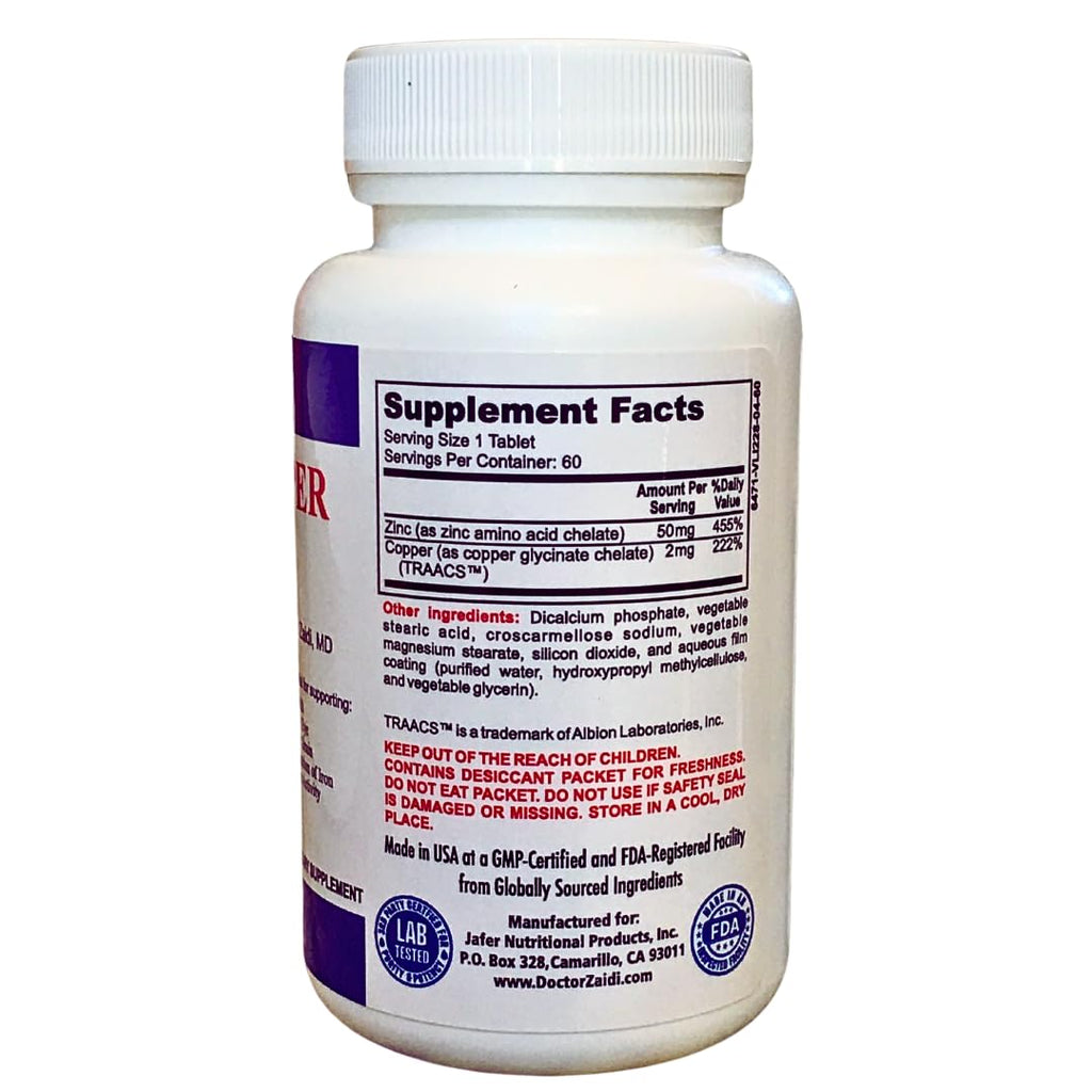 Dr. Z's Vitamins: Zinc Plus Copper-50 MG of Chelated Zinc and 2 MG of Copper- Supports: Energy, Immune System, Skin & Hair -60 Easy to Swallow Tablets