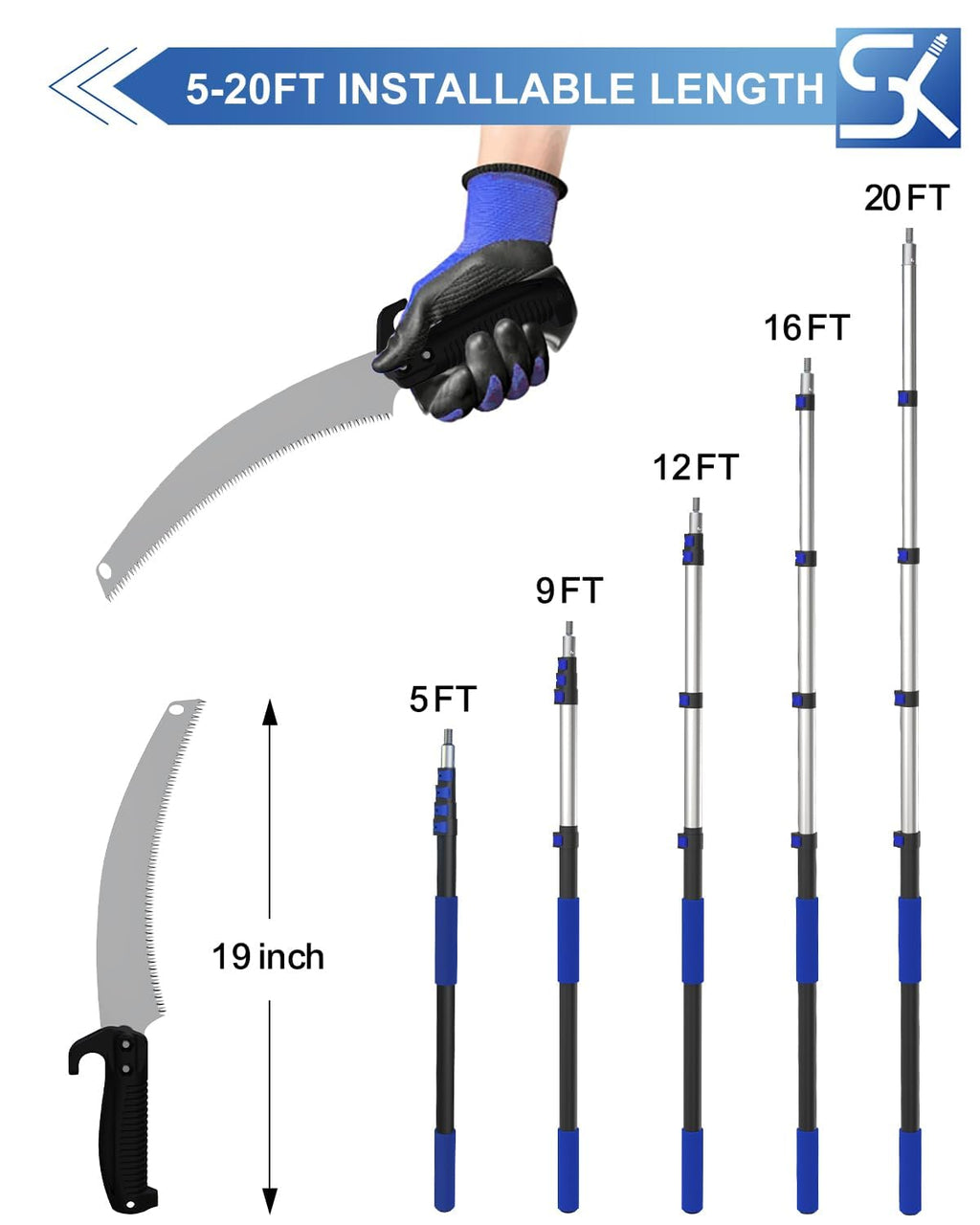 SKGPOLE 26FT Reach Pole Saws for Tree Trimming, Manual Pruning Pole Saw with 5-20FT Telescoping Extension Pole, Tree Pruner Tree Trimmer with 19" 3X Detachable Saw for Yard Garden Trees Palms Shrubs