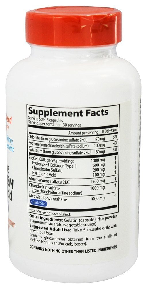Doctor's Best Glucosamine Chondroitin MSM + Hyaluronic Acid with OptiMSM Featuring Biocell Collagen, Joint Support, Non-GMO, Gluten & Soy Free, 150 Caps