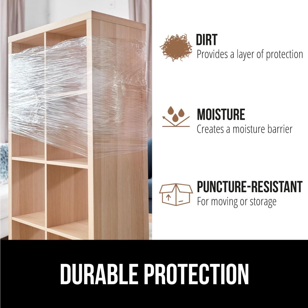 GORILLA GRIP 500% Stretch Film Heavy Duty Plastic, 1200ft Shrink Wrap Roll 17" Puncture Resistant, Industrial Strength for Shipping, Pallet Storing, Moving, Packing Furniture Protection 1 Pack Clear