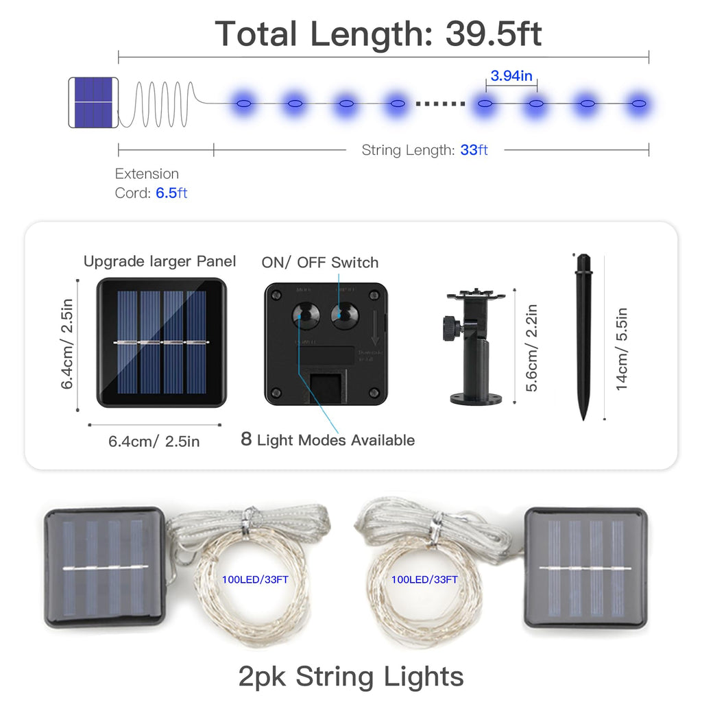 suddus 2 Pack 33ft Solar Fairy String Lights Small, 100 Led Blue Solar Fairy Lights Outdoor, 8 Modes Solar Christmas Lights Copper Wire for Trees Garden Patio Yard Deck Fence Party Decorations