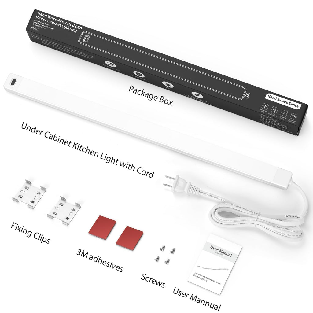 2Pcs 24 Inch Under Cabinet Lights with Hand Wave, Under Counter Lighting 5000K Cold White,Dimmable,Plug and Play,LED Lights for Kitchen Cabinet, Cupboard, Closet, Desk