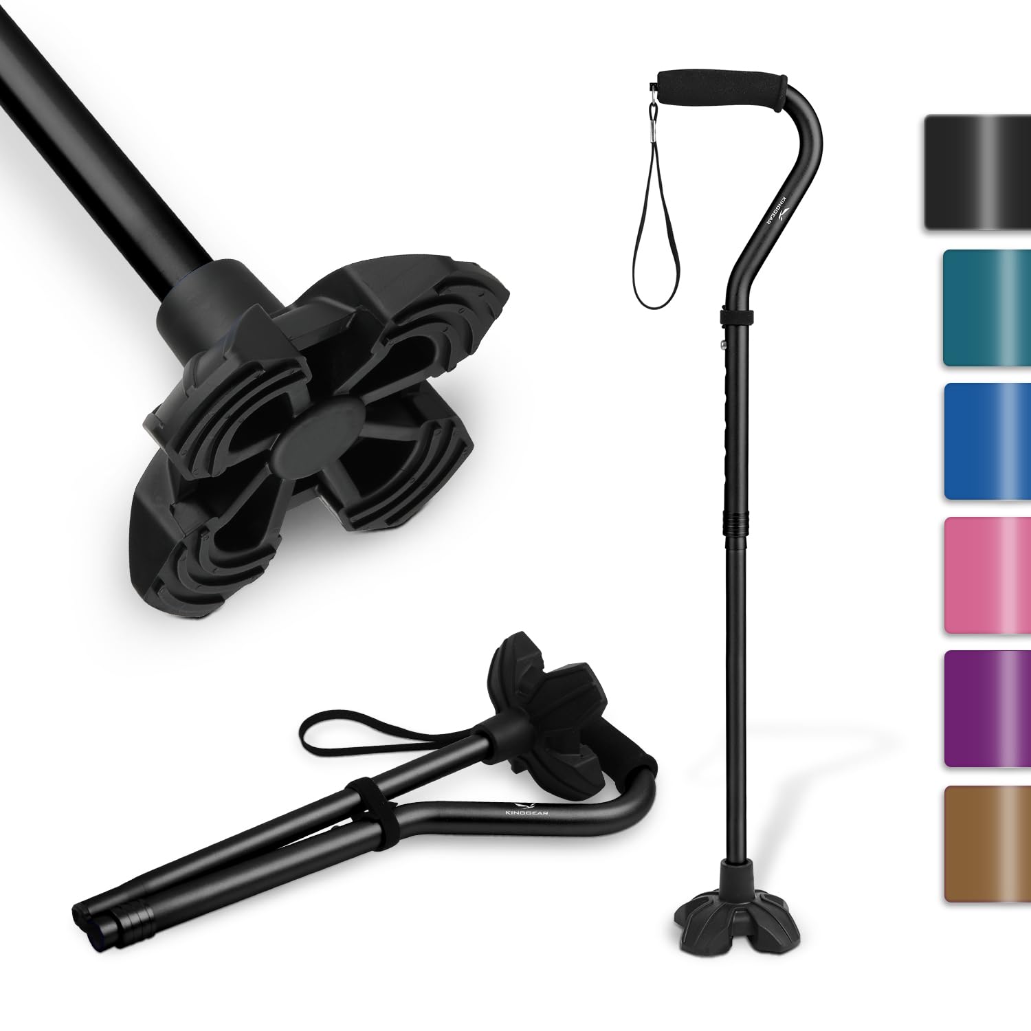 KINGGEAR F1 Walking Stick, Walking Cane for Women & Men, Self Standing Walkers for Seniors with Wrist Strap, Lightweight & Sturdy Offset EVA Handle and Large Quad Base
