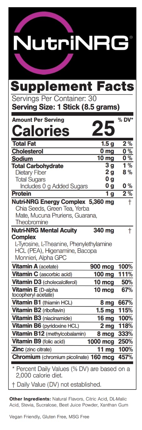 B-Epic NutriNRG Natural Energy Lemonade - Sugar-Free, Low-Calorie Energy Drink Infused with Chia Seeds for Cognitive Performance - Natural Energy Powder in Lemonade Flavor - Includes 30 Powder Sticks