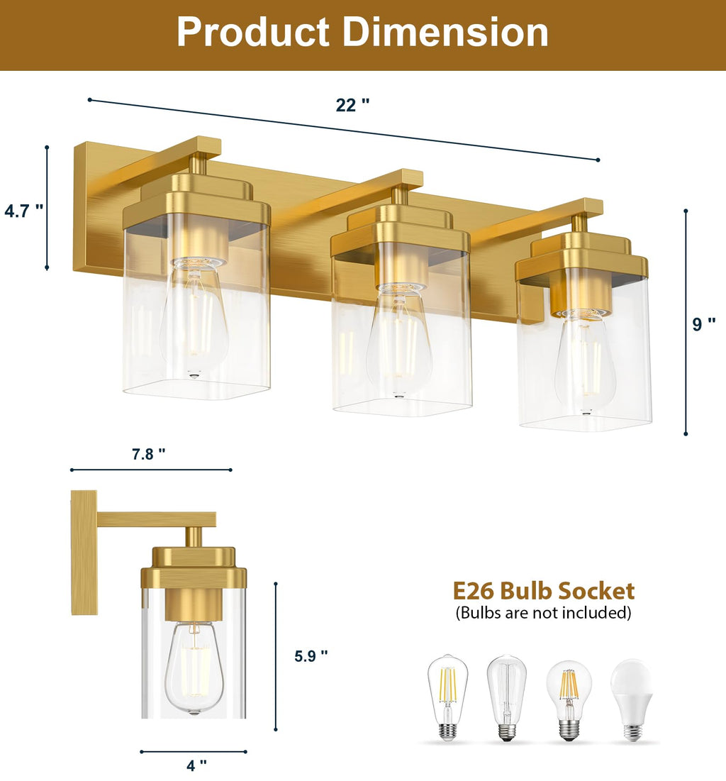 LKHF Brushed Gold Bathroom Light Fixtures, 3 Lights Bathroom Lighting Fixtures Over Mirror, Square Design & Rectangle Large Backplate, Modern Vanity Lighting Fixtures, for Living Room/Bedroom