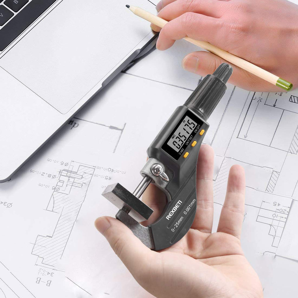 REXBETI Digital Micrometer, Professional Inch/Metric Measuring Tools 0.00005"/0.001 mm Resolution Thickness Gauge, Protective Case with Extra Battery