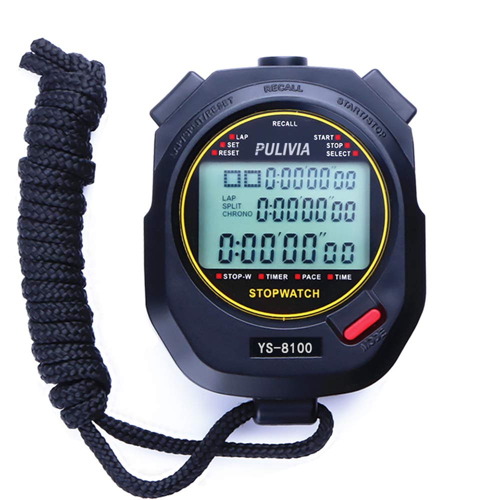 PULIVIA Sports Stopwatch Timer 100 Lap Split Memory Digital Stop Watch, Countdown Timer Pace Mode 12/24 Hour Clock Calendar with Alarm, 3 Rows Display Large Screen Water Resistant Battery Included