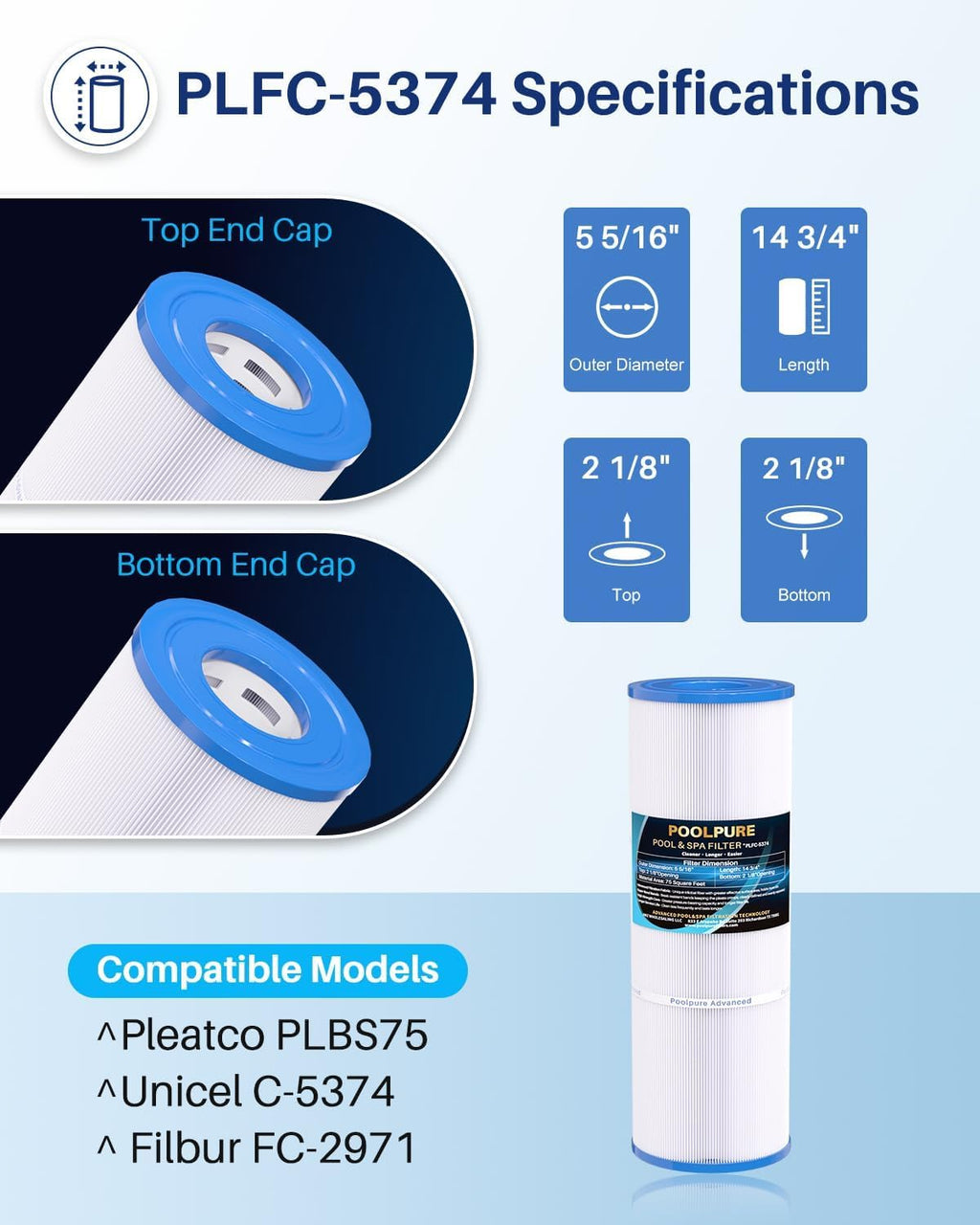 POOLPURE C-5374 Spa Filter Replaces Unicel C-5374, Pleatco PLBS75, Filbur FC-2971, 107092, R173600, 303433, 817-0015, Leisure Bay S2/GS Spa 75 sq.ft Hot Tub Filter Cartridge, 1pack