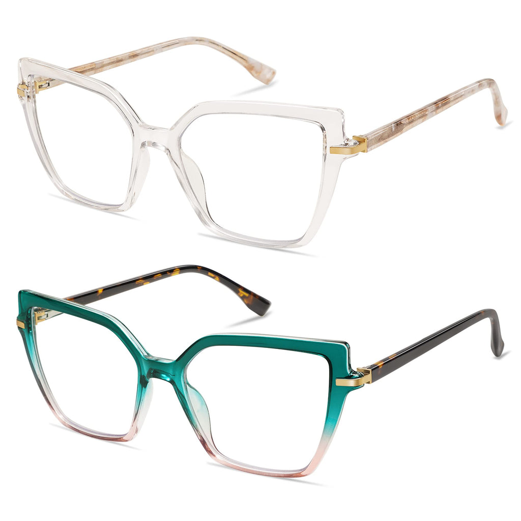 AMOMOMA 2PACK Trendy Square Blue Light Blocking Reading Glasses for Women Women's Readers Spring Hinge AM6082 C1+C2 2.0 x