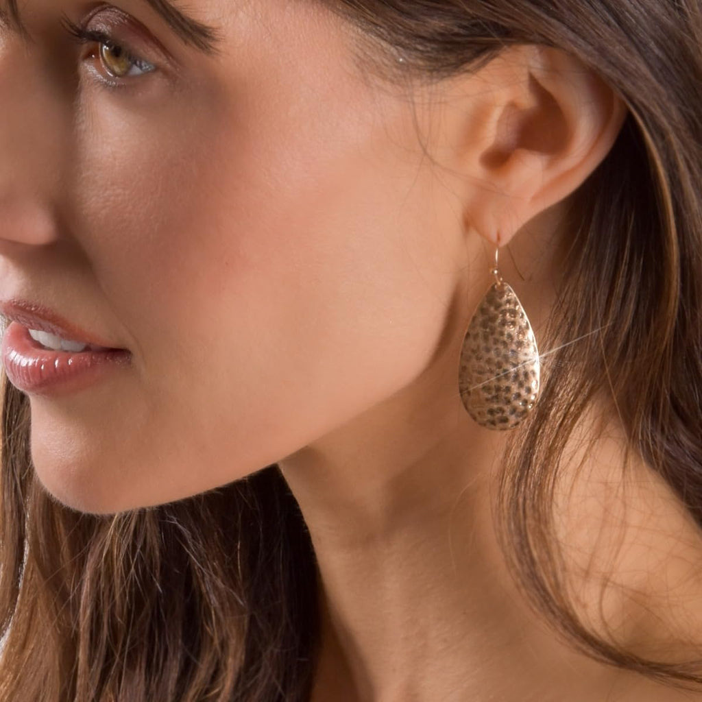 Hammered Teardrop Earrings for Women, Gold Tone Statement Tear Drop Dangles
