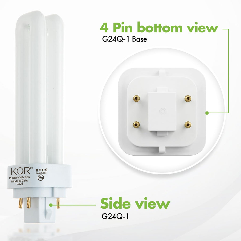 KOR (Pack of 4 13W CFL Double Tube Bulbs – G24Q-1 (4-Pin) Base – 3500K Soft White – Compatible Replacement for Sylvania CF13DD/E/835, Philips PL-C 13W/835/4P, GE F13DBX/835/ECO4P
