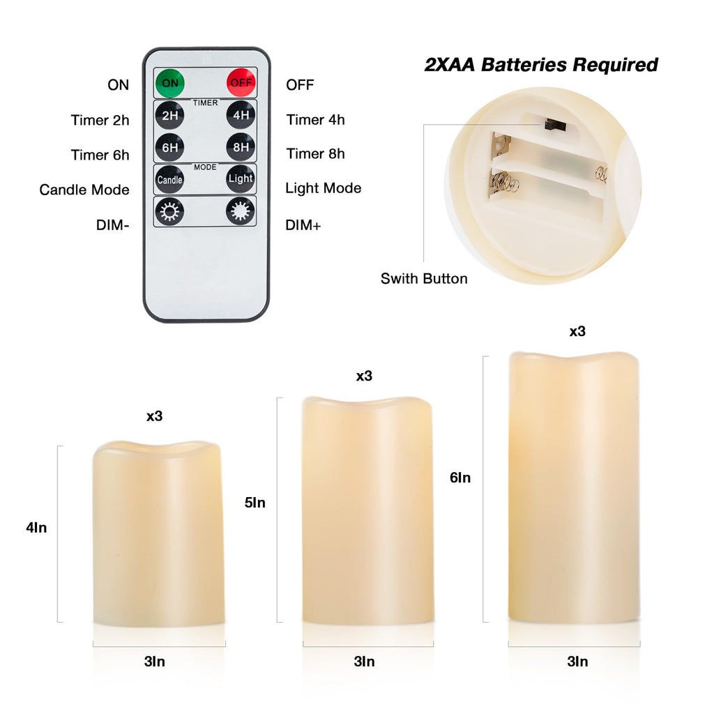 Amagic Waterproof Outdoor Flameless Candles with Timer, Battery Operated Candles with Remote Control, Electric LED Pillar Candle for Outside Patio, Garden, Wedding Decor, D3 x H4 5" 6", Set of 9
