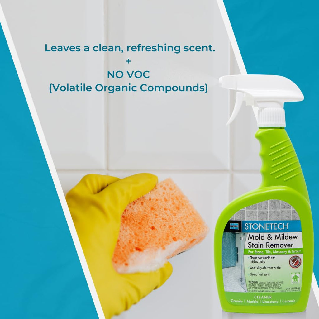 StoneTech Mold and Mildew Stain Remover Cleaning Kit | Kitchen, Patio, Shower, and Bathroom Cleaner for Natural Stone, Tile, and Grout, 2-Pack 24-Ounce Spray with Microfibers and Crevice Brushes