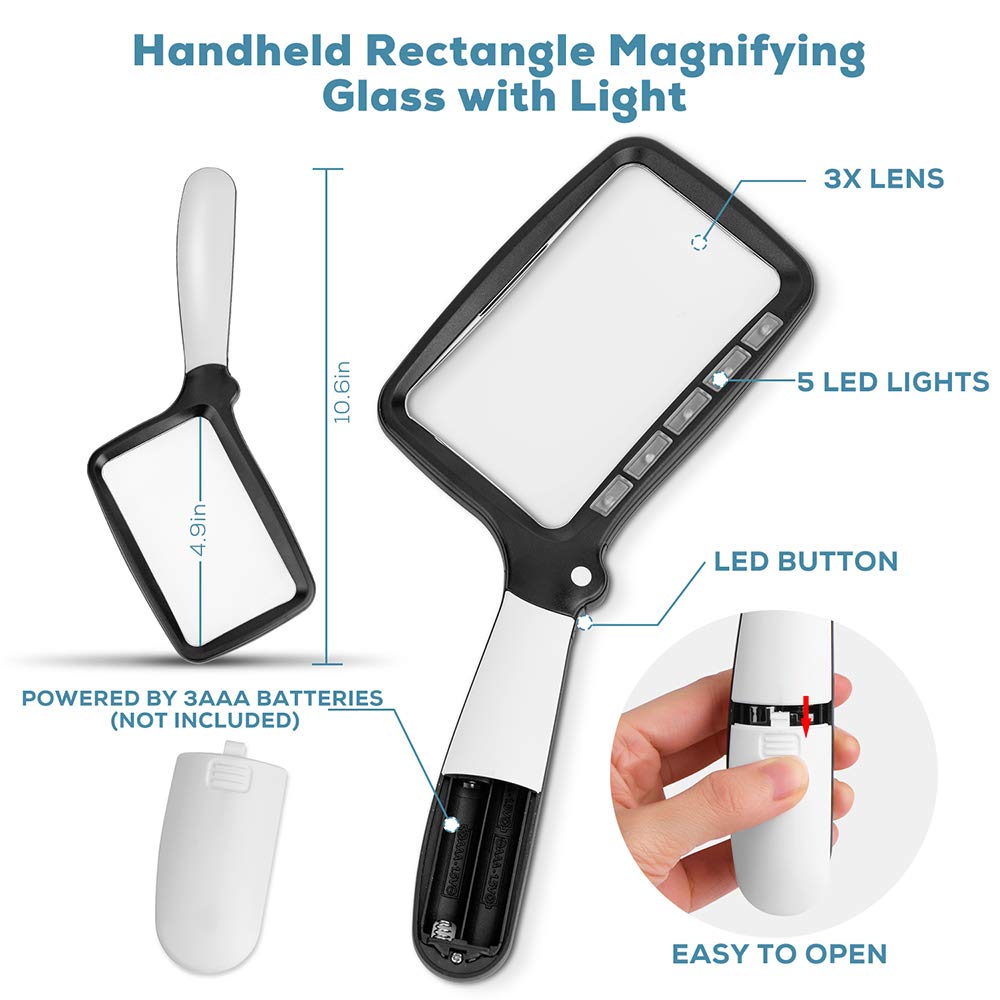 Folding Handheld Magnifying Glass with Light, 3X Large Rectangle Reading Magnifier with Dimmable LED for Seniors with Macular Degeneration, Newspaper, Books, Small Print, Lighted Gift for Low Visions