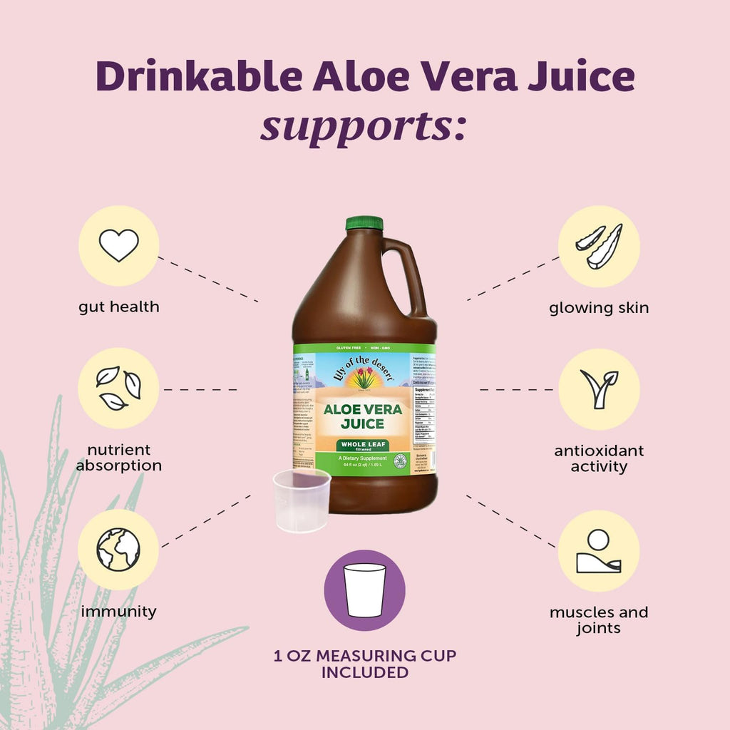 Lily Of The Desert Aloe Vera Juice - Whole Leaf Filtered Aloe Vera Drink, Non-GMO Aloe Juice with Natural Digestive Enzymes for Gut Health, Stomach Relief, Wellness, Glowing Skin, 64 Fl Oz