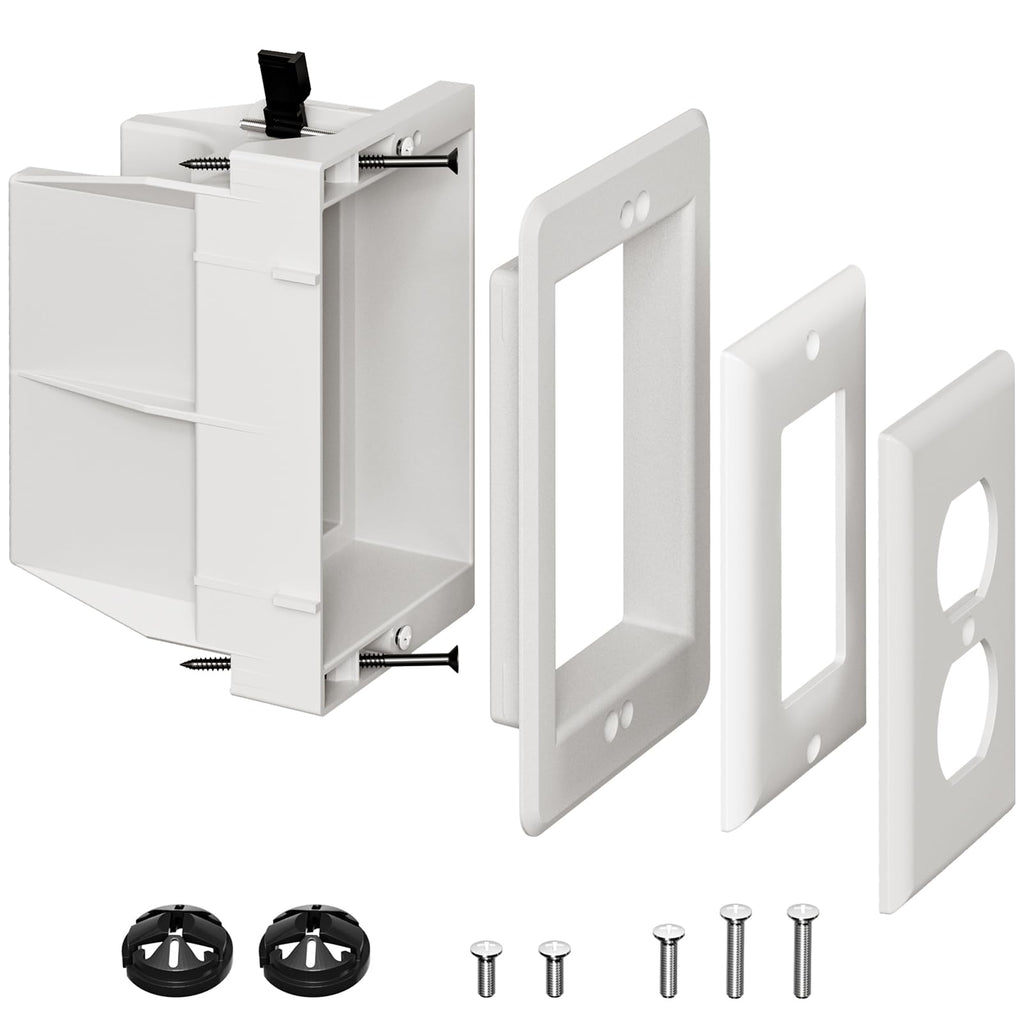 DVFR1W-1 Recessed Outlet Box, Recessed Electrical Box for Wall Mount TV, Outlet Mounting Box for New Construction&Retrofit Projects, Wall Outlet Box with Duplex & Decorator Style Covers,1-Gang
