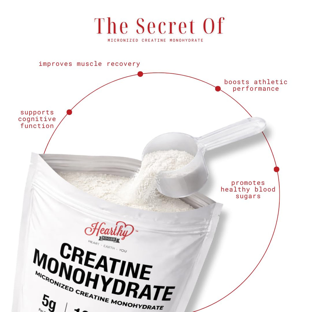 HEARTHY FOODS Creatine Monohydrate Micronized Powder 500G - 100 Servings, 5000mg Per Serving (5g) - for Men & Women Muscle Growth & Recovery - UNFLAVORED