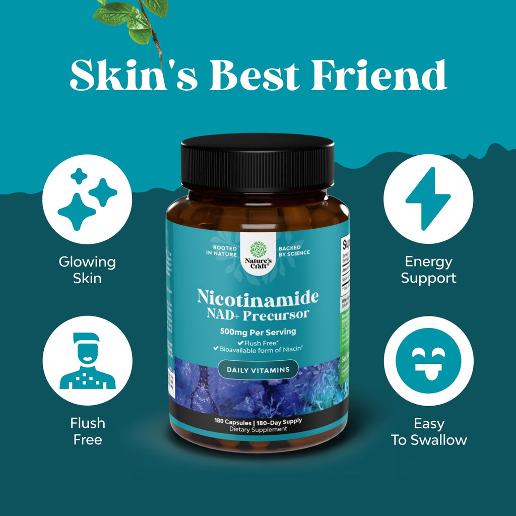 Vitamin B3 Niacinamide 500mg Capsules - Mitochondrial Energy and Potent Skin Supplement - AKA Vitamin B3 Niacin Flush Free and Nicotinamide 500mg - Flush Free Niacin Supplement - 180 Count