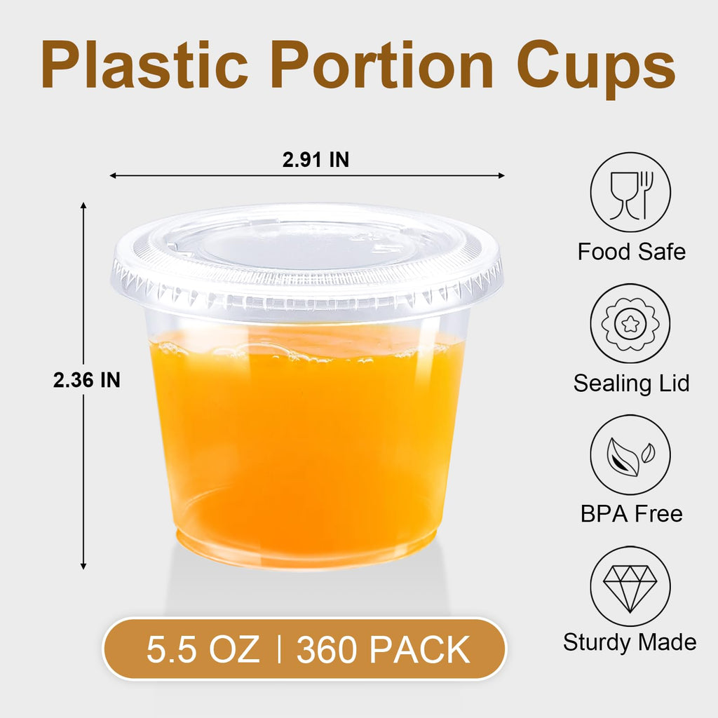 BYSNOW 360 Sets 5.5 oz Plastic Portion Cups with Lids, Small Clear Jello Shot Cup, Disposable Plastic Condiment Containers for Sauce, Salad Dressing, Snacks