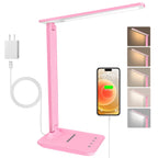 White crown LED Desk Lamp Dimmable Table Lamp Reading Lamp with USB Charging Port, 5 Lighting Modes, Sensitive Control, 30/60 Minutes Timer (Pink, First-Generation)