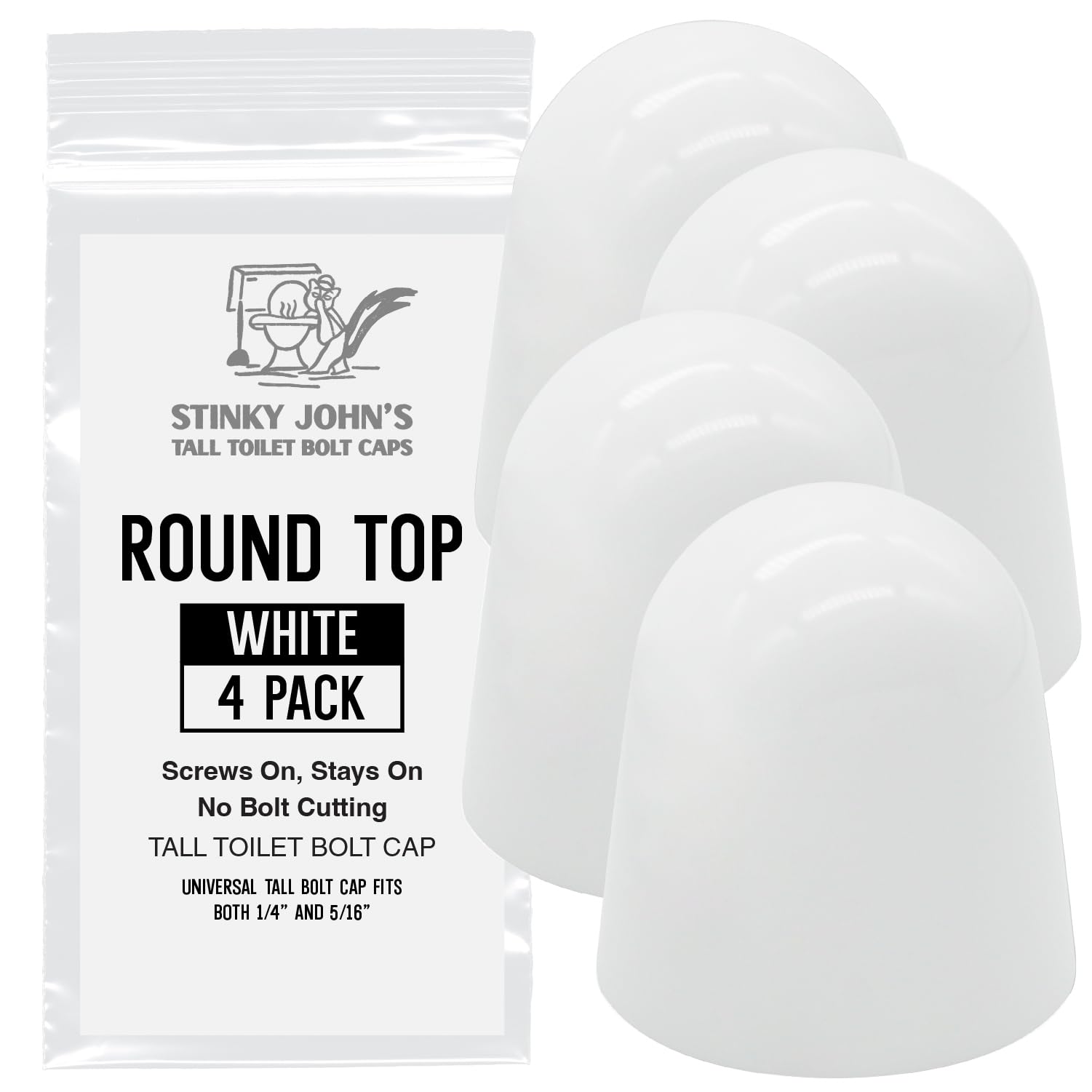 Stinky John's Tall Toilet Bolt Caps - Universal Fit with a Round Top - White Caps (4)