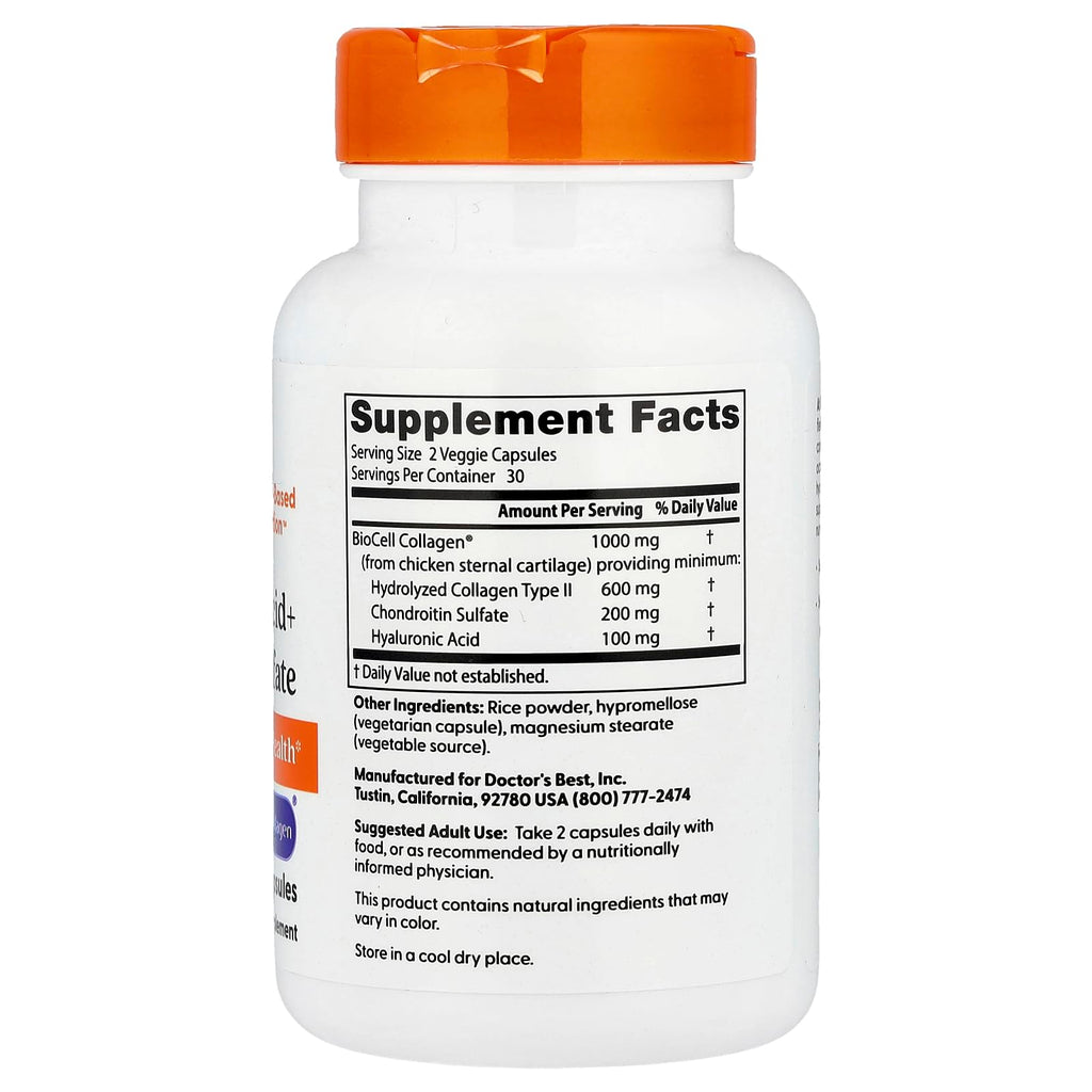 Doctors Best Hyaluronic Acid+ Chondroitin Sulfate, Supports Joint & Skin Health, Non-GMO, Gluten Free, Soy Free 60 Veggie Capsules