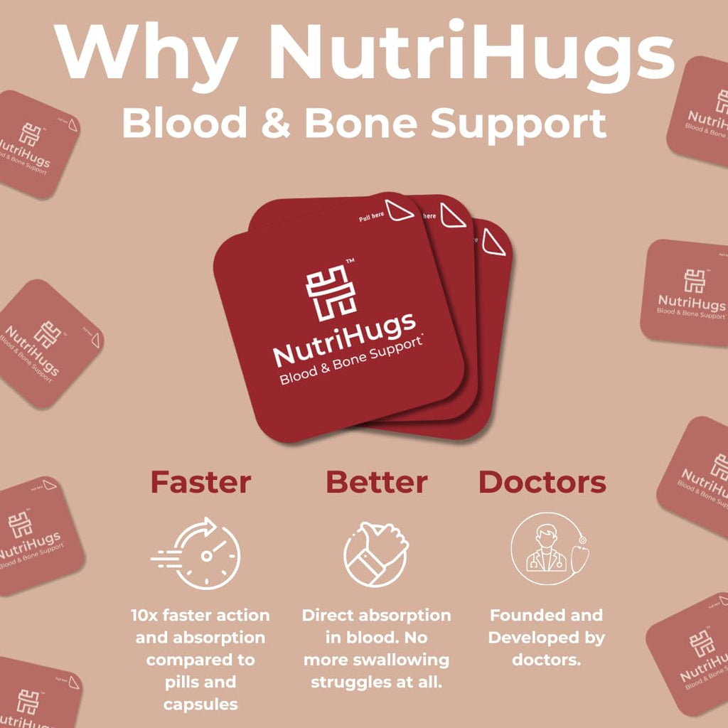 MedHugs NutriHugs Blood and Bone Support - Iron, Folate, Vitamin D3 and K2 - Fast-Dissolving Oral Thin Film Strips - Non-Constipating Iron - Vegan, Sugar-Free, Non-GMO - 30 Strips